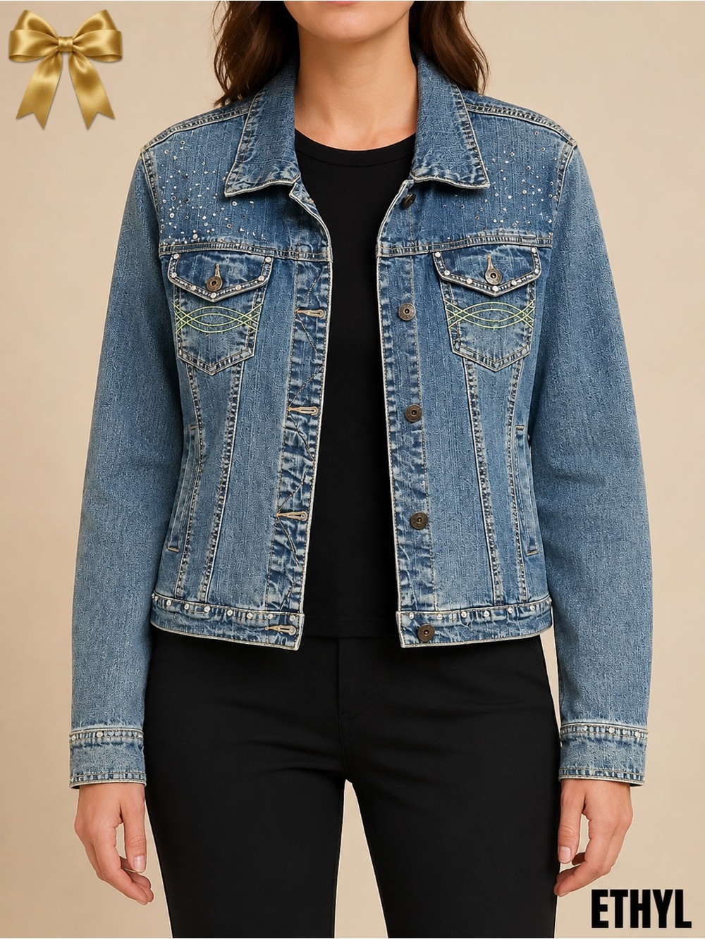 Ethyl Vintage Denim Rhinestone Embellished Jean Jacket Medium Y2K